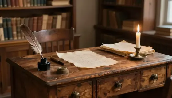 A traditional Hungarian jegyzői fogadóóra (scribe's desk) in a historical setting, featuring an old wooden desk with a quill pen, inkwell, parchment papers, and a candle, surrounded by bookshelves filled with old books, warm ambient lighting, and a vintage atmosphere