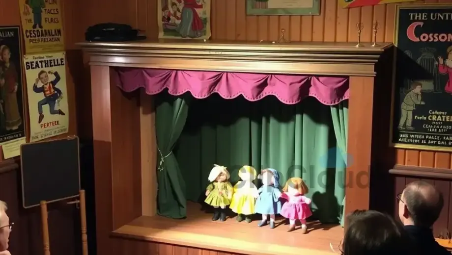 Interior of a small, cozy Hungarian puppet theater (Csodamalom Bábszínház) in Miskolc, showing a wooden stage with colorful puppet figures, warm lighting, audience seating, and vintage posters on the walls, capturing the atmosphere of the 2016-17 season in February
