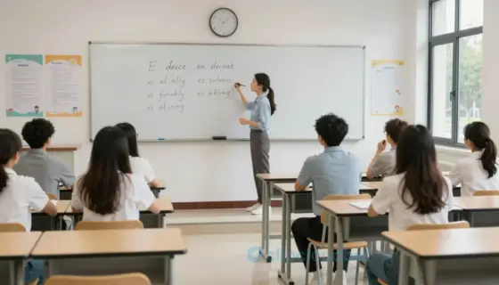 A classroom scene showing a teacher standing at the front of a classroom, writing on a chalkboard, with rows of student desks and chairs arranged in front of the teacher, students sitting at desks looking towards the teacher, a whiteboard with some writing on it, educational posters on the walls, a clock on the wall, and a window showing a view of a schoolyard or trees outside, representing a general idea for the first grade of the 2017/2018 school year