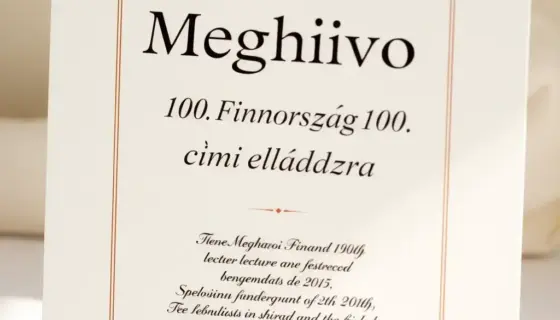A formal invitation card for the 100th lecture of the Meghívó series in Finland, featuring elegant typography with 'Meghívó Finnország 100. című előadásra' text, decorative borders, and subtle Finnish cultural elements like a stylized map outline or national colors, presented on textured paper with soft lighting
