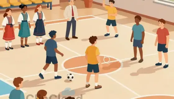 A vibrant, detailed illustration showing a diverse group of people participating in various sports and leisure activities in a modern community center setting, with clear visual elements representing both domestic (Hungarian) and international sports events, including traditional Hungarian folk sports alongside global sports like soccer, tennis, and swimming, all under a bright, welcoming atmosphere with banners displaying 'Hazai és nemzetközi szabadidős és sportrendezmények támogatása' in styli