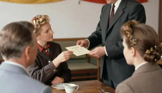 A historical scene depicting a German invitation event in Miskolc during the Soviet era, showing people gathered in a modest hall or community center, with a man in a suit handing a formal invitation letter to a woman, Soviet flags and banners in the background, vintage 1950s-60s clothing styles, wooden furniture and simple decor, warm indoor lighting, realistic period atmosphere