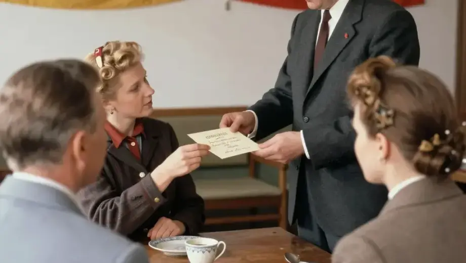 A historical scene depicting a German invitation event in Miskolc during the Soviet era, showing people gathered in a modest hall or community center, with a man in a suit handing a formal invitation letter to a woman, Soviet flags and banners in the background, vintage 1950s-60s clothing styles, wooden furniture and simple decor, warm indoor lighting, realistic period atmosphere