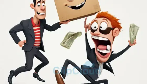 A humorous illustration depicting a comical theft scene with exaggerated cartoon characters, showing a thief sneaking away with a large, obvious stolen item while being caught in the act by a surprised or angry victim, set in a simple, clear background