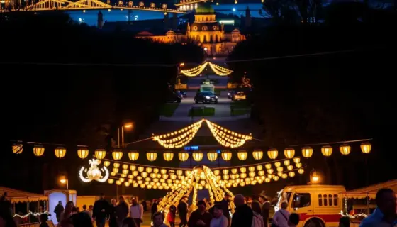 A nighttime scene in Miskolc, Hungary, showing a children's day event (gyermeknap) transitioning into a magical evening with a thousand lamps (ezer lámps). The image should depict a lively outdoor gathering with children playing and families enjoying the event, set against a backdrop of a cityscape or park illuminated by numerous glowing lanterns or lamps creating a warm, enchanting atmosphere. Include traditional Hungarian elements like folk costumes or decorations, and capture the transition f