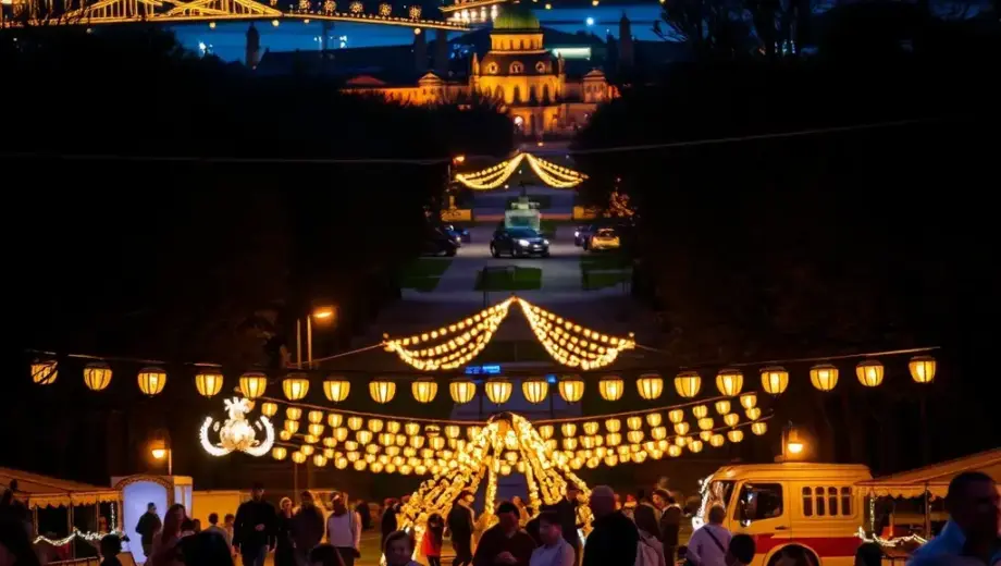 A nighttime scene in Miskolc, Hungary, showing a children's day event (gyermeknap) transitioning into a magical evening with a thousand lamps (ezer lámps). The image should depict a lively outdoor gathering with children playing and families enjoying the event, set against a backdrop of a cityscape or park illuminated by numerous glowing lanterns or lamps creating a warm, enchanting atmosphere. Include traditional Hungarian elements like folk costumes or decorations, and capture the transition f