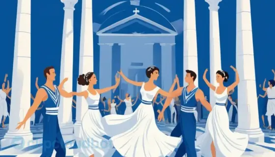 A stylized illustration of a Greek dance hall invitation scene, featuring a lively dance floor with dancers in traditional Greek attire, Greek architectural elements such as columns and olive branches, and subtle Greek flag colors (blue and white) in the background, all arranged in a balanced composition without any text or lettering.