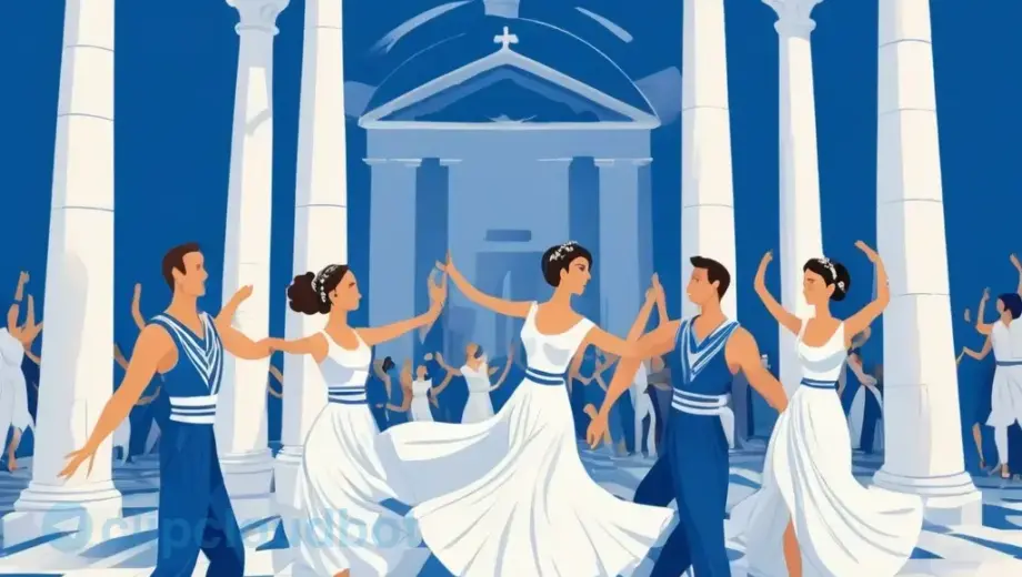 A stylized illustration of a Greek dance hall invitation scene, featuring a lively dance floor with dancers in traditional Greek attire, Greek architectural elements such as columns and olive branches, and subtle Greek flag colors (blue and white) in the background, all arranged in a balanced composition without any text or lettering.