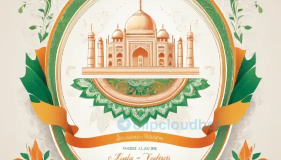 A stylized invitation card for the 70th anniversary of India's independence, featuring the Indian flag colors, subtle motifs of Indian heritage, elegant borders, and a celebratory atmosphere