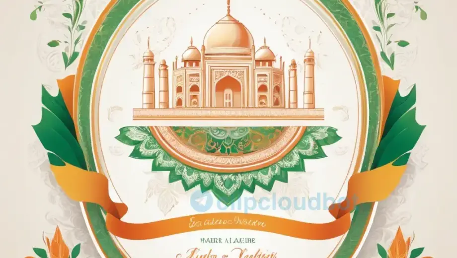A stylized invitation card for the 70th anniversary of India's independence, featuring the Indian flag colors, subtle motifs of Indian heritage, elegant borders, and a celebratory atmosphere