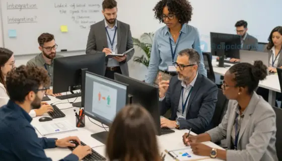 A professional office setting with a diverse group of people working together on social integration projects. The scene should include a modern office with computers, documents, and a collaborative atmosphere. People of different ages and backgrounds are engaged in discussions and planning, symbolizing social inclusion and teamwork.