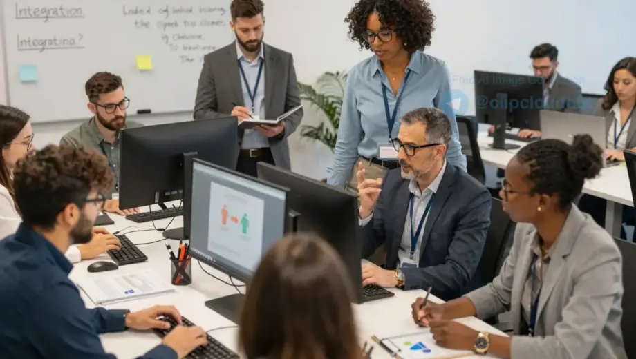 A professional office setting with a diverse group of people working together on social integration projects. The scene should include a modern office with computers, documents, and a collaborative atmosphere. People of different ages and backgrounds are engaged in discussions and planning, symbolizing social inclusion and teamwork.