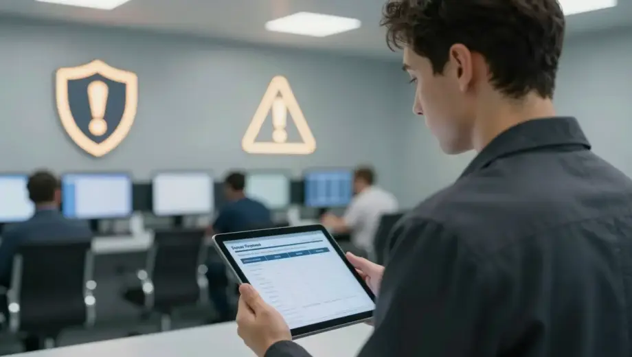 A person standing calmly in a modern emergency operations center, reviewing disaster preparedness plans on a digital tablet, with subtle warning symbols like a shield and exclamation mark softly glowing in the background, conveying vigilance and preparedness without alarmism