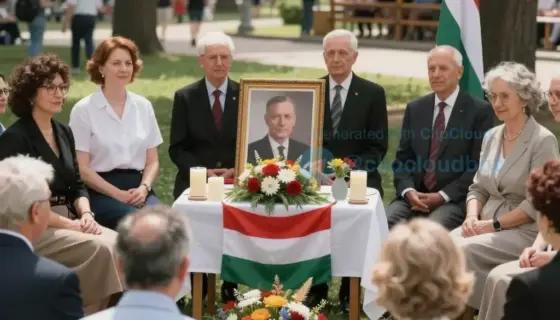 A formal outdoor memorial gathering in a park or garden setting on a sunny summer day, featuring a diverse group of people dressed in respectful attire gathered around a decorated table with a framed portrait of a man, floral arrangements, candles, and a Hungarian flag, with a subtle vintage atmosphere suggesting a commemorative event