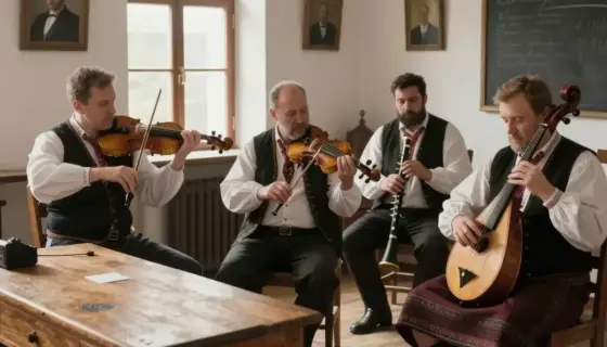 A historical scene depicting the Klezmer music school at Görömbölyi Művelődési Ház in Hungary, showing a group of musicians in traditional Eastern European attire playing instruments like violin, clarinet, and cimbalom inside a warmly lit 19th-century classroom with wooden desks and chalkboard, soft natural light from windows, detailed period clothing and instruments, authentic cultural atmosphere