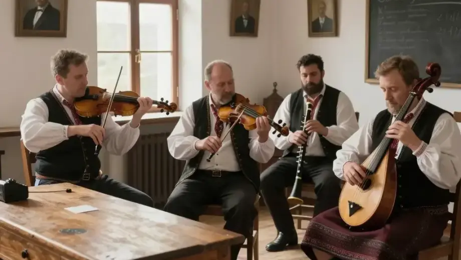 A historical scene depicting the Klezmer music school at Görömbölyi Művelődési Ház in Hungary, showing a group of musicians in traditional Eastern European attire playing instruments like violin, clarinet, and cimbalom inside a warmly lit 19th-century classroom with wooden desks and chalkboard, soft natural light from windows, detailed period clothing and instruments, authentic cultural atmosphere