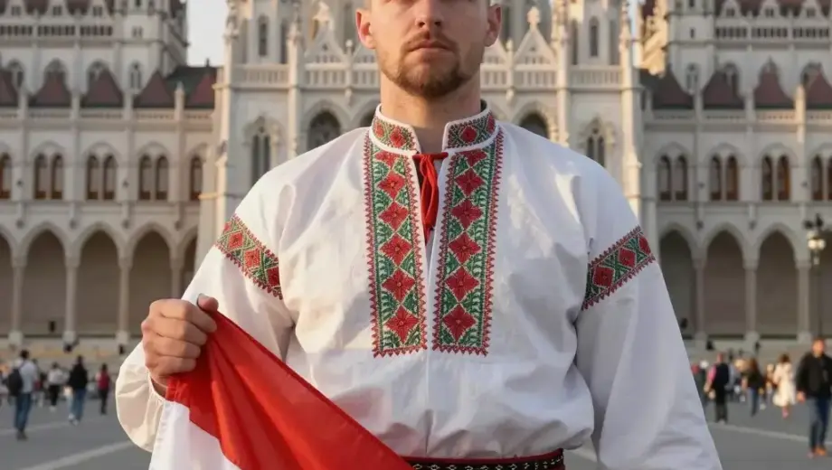 A majestic Hungarian hero standing proudly in front of the Hungarian Parliament Building in Budapest, wearing traditional Hungarian folk costume with intricate embroidery, holding a Hungarian flag, with the Hungarian tricolor colors prominently displayed in the background, sunrise lighting casting a warm glow over the scene, detailed facial features showing determination and pride, realistic textures on clothing and architecture, cinematic composition