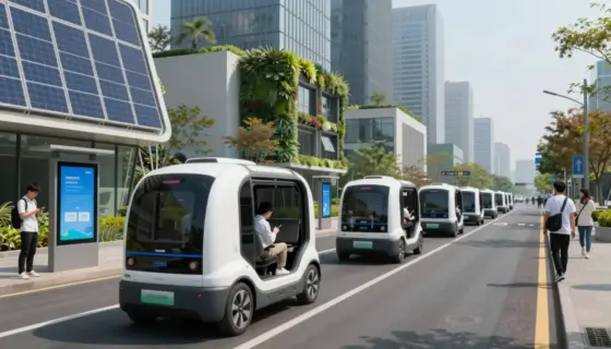 A futuristic cityscape with smart infrastructure including solar panels on buildings, autonomous electric vehicles on clean streets, digital information kiosks, green spaces with vertical gardens, and citizens using mobile devices to interact with public services, all under a clear sky with modern architecture blending technology and sustainability
