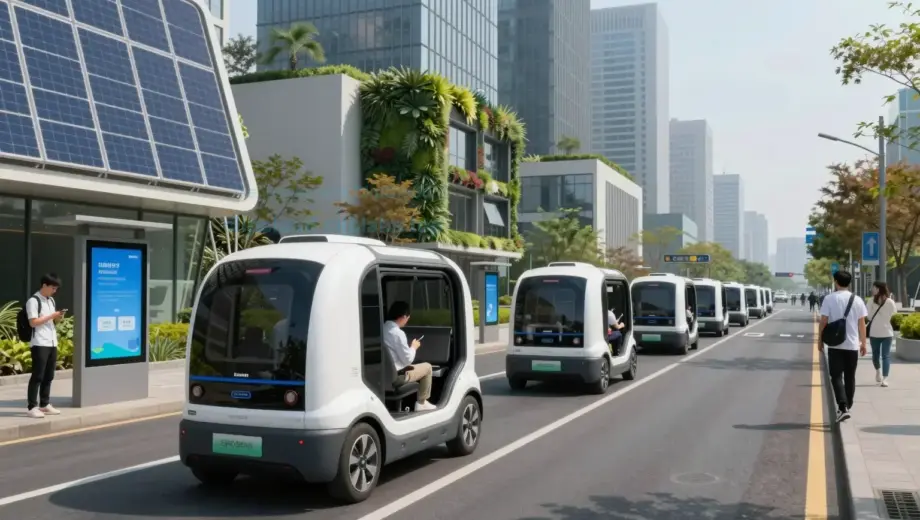 A futuristic cityscape with smart infrastructure including solar panels on buildings, autonomous electric vehicles on clean streets, digital information kiosks, green spaces with vertical gardens, and citizens using mobile devices to interact with public services, all under a clear sky with modern architecture blending technology and sustainability