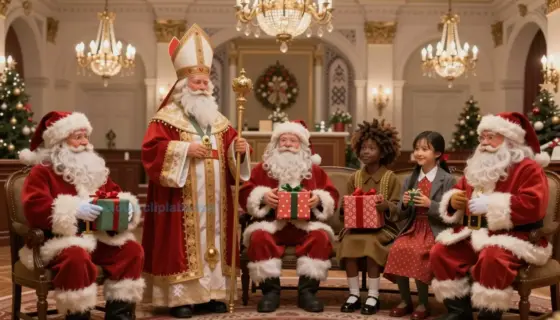 A festive gathering of Santa Claus figures from around the world in a grand congress hall, featuring diverse cultural representations of Santa — including a Hungarian Mikulás in traditional bishop robes with a mitre and staff, alongside Nordic, American, Japanese, and African variants — all seated or standing together in joyful camaraderie, exchanging gifts and sharing stories under ornate chandeliers and winter-themed decorations, with subtle Hungarian folk patterns in the background