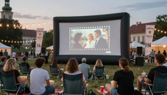 A vibrant cinematic scene depicting the Jameson CineFest 14. Miskolci Nemzetközi Filmfesztivál – 2, featuring a modern outdoor film screening under twilight skies, with a large inflatable screen showing a classic film frame, diverse audience members seated on blankets and folding chairs, holding popcorn and drinks, string lights overhead, the historic architecture of Miskolc in the blurred background, subtle festival banners with the Jameson logo and festival name in elegant typography, warm gol