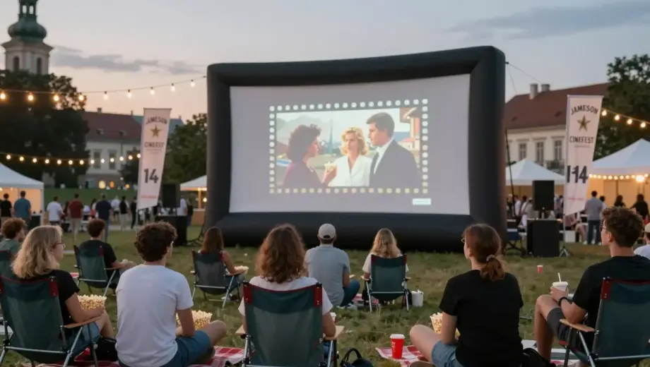 A vibrant cinematic scene depicting the Jameson CineFest 14. Miskolci Nemzetközi Filmfesztivál – 2, featuring a modern outdoor film screening under twilight skies, with a large inflatable screen showing a classic film frame, diverse audience members seated on blankets and folding chairs, holding popcorn and drinks, string lights overhead, the historic architecture of Miskolc in the blurred background, subtle festival banners with the Jameson logo and festival name in elegant typography, warm gol