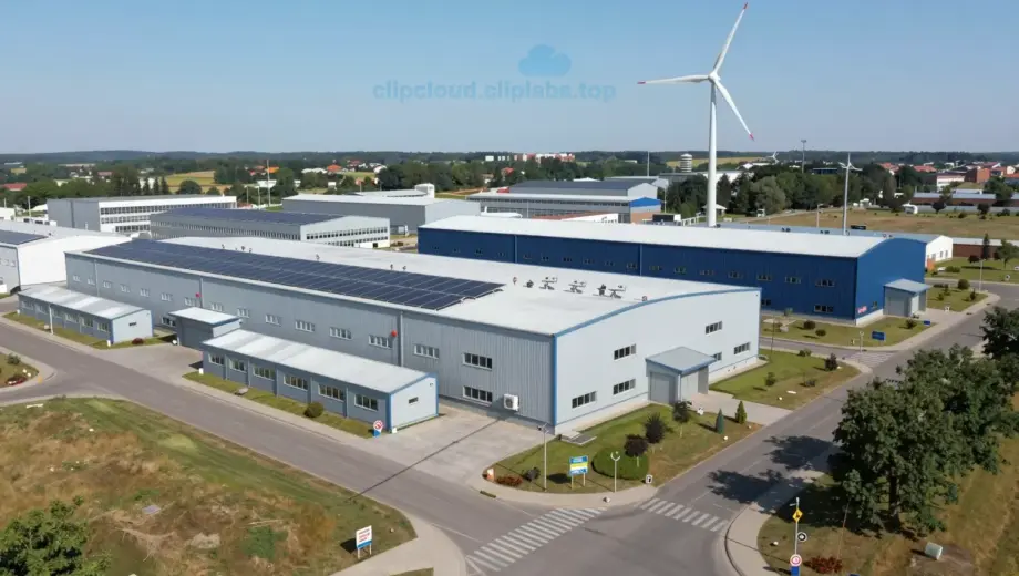 A detailed view of the Miskolc South Industrial Park infrastructure, showing modern industrial buildings, clean energy installations like solar panels or wind turbines, well-maintained roads and pathways, green spaces with trees and grass, and signage indicating the park's name, all under a clear daytime sky