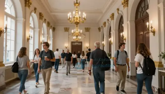 An open house event at the Pesti Vigadó in Budapest on September 6, 2017, showing visitors exploring the historic interior with elegant architecture, chandeliers, marble floors, and ornate details; people of various ages walking through grand halls, some looking at exhibits, others conversing, warm natural light from large windows, subtle Hungarian cultural elements in decor, no modern intrusions, realistic and dignified atmosphere