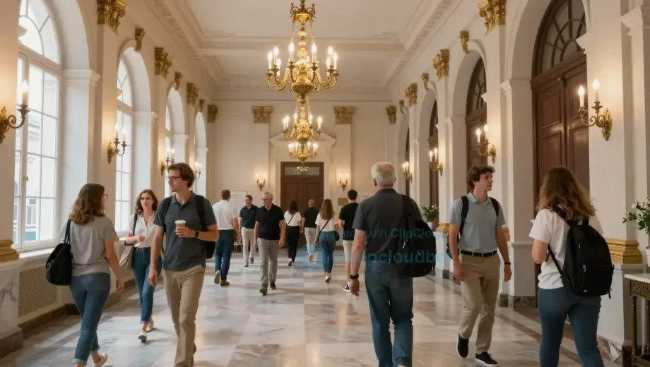 An open house event at the Pesti Vigadó in Budapest on September 6, 2017, showing visitors exploring the historic interior with elegant architecture, chandeliers, marble floors, and ornate details; people of various ages walking through grand halls, some looking at exhibits, others conversing, warm natural light from large windows, subtle Hungarian cultural elements in decor, no modern intrusions, realistic and dignified atmosphere