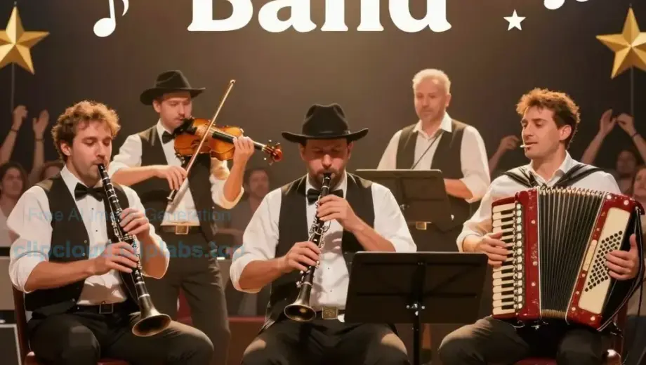 A vibrant poster for a Miskolc Klezmer Band concert, featuring a lively group of musicians playing traditional klezmer instruments like clarinet, violin, and accordion on a festive stage with decorative elements such as stars and musical notes, warm golden lighting, and a joyful crowd in the background