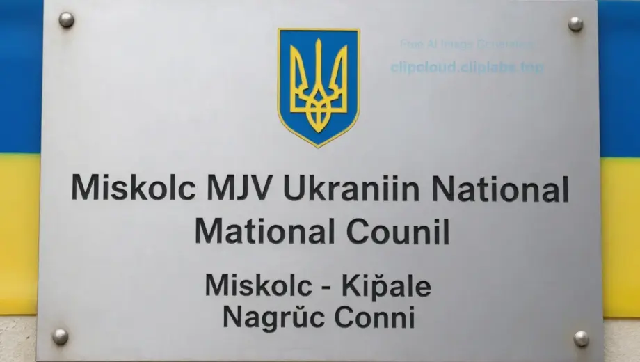 A formal commemorative plaque or sign for the Miskolc MJV Ukrainian National Council, featuring official text in Hungarian and Ukrainian, with the emblem of the Ukrainian National Council, set against a dignified background with national symbols like the Ukrainian flag colors and possibly the coat of arms of Miskolc, in a clear, respectful, and official style
