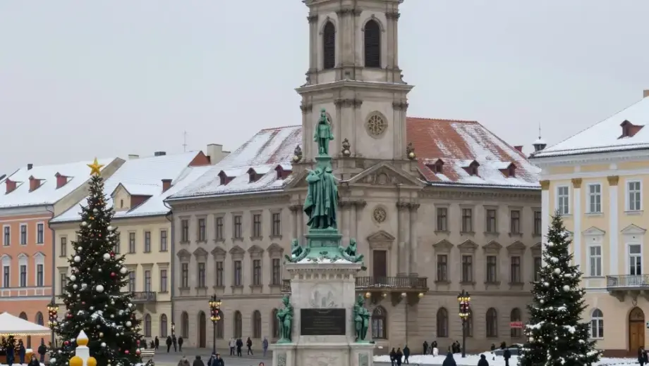 A winter scene of Szent István tér in Miskolc during Advent, showing the historic square with its central monument, surrounded by traditional European buildings with snow-covered roofs, festive Christmas decorations, and people in warm clothing walking or gathering in the square
