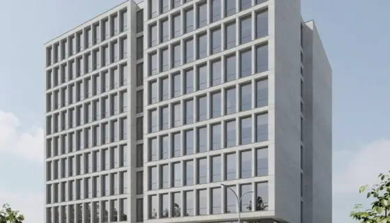 A detailed architectural rendering of the Miskolc MJV Településképi Arculati building, showcasing its modern design with glass facades, concrete elements, and surrounding green spaces, viewed from a slightly low angle to emphasize its structure against a clear sky