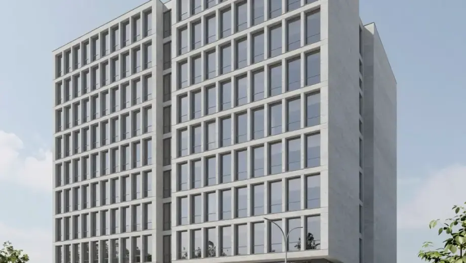 A detailed architectural rendering of the Miskolc MJV Településképi Arculati building, showcasing its modern design with glass facades, concrete elements, and surrounding green spaces, viewed from a slightly low angle to emphasize its structure against a clear sky