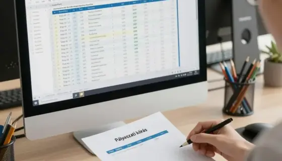 A professional office scene showing a budget analyst preparing to load a competition entry application, with a computer screen displaying a spreadsheet, a document titled 'Pályázati kiírás' on the desk, and office supplies arranged neatly, in a modern office environment with natural lighting
