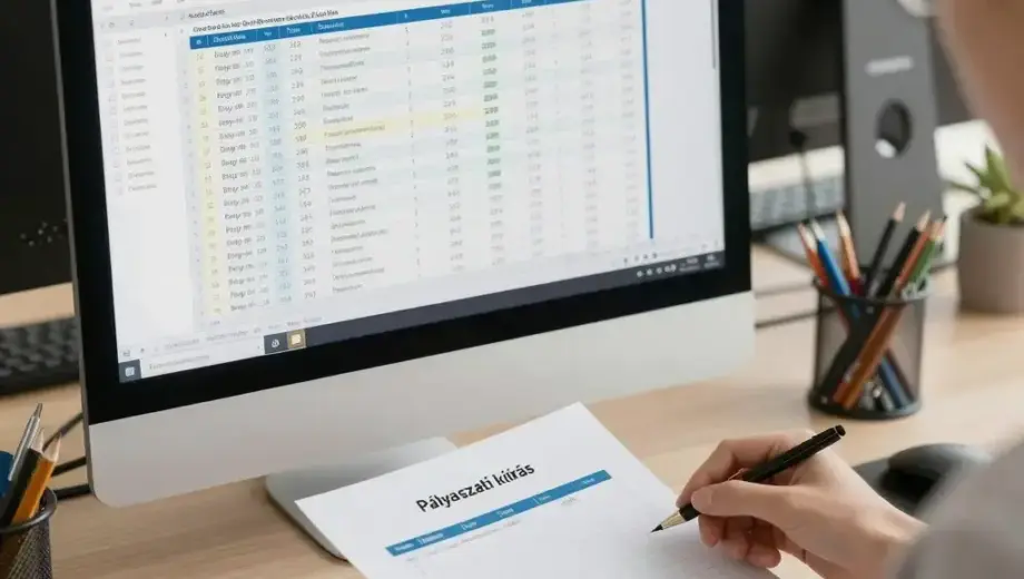 A professional office scene showing a budget analyst preparing to load a competition entry application, with a computer screen displaying a spreadsheet, a document titled 'Pályázati kiírás' on the desk, and office supplies arranged neatly, in a modern office environment with natural lighting