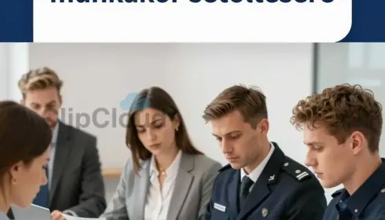A Hungarian job advertisement poster for a tax authority recruitment campaign, showing a professional office scene with a diverse group of people (including a woman in a business suit and a man in a uniform) reviewing documents at a desk, with a clear Hungarian text banner at the top reading 'Pályázati kiírás adóvégrehajtó munkakör betöltésére' and a subtle Hungarian coat of arms emblem in the corner, clean modern design with blue and white color scheme, photorealistic style