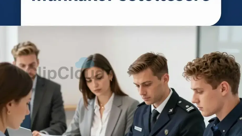 A Hungarian job advertisement poster for a tax authority recruitment campaign, showing a professional office scene with a diverse group of people (including a woman in a business suit and a man in a uniform) reviewing documents at a desk, with a clear Hungarian text banner at the top reading 'Pályázati kiírás adóvégrehajtó munkakör betöltésére' and a subtle Hungarian coat of arms emblem in the corner, clean modern design with blue and white color scheme, photorealistic style