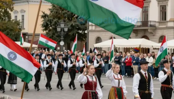A festive scene celebrating the 48th anniversary of the Republic of Hungary (Nemzeti Ünnepünk) in Miskolc, featuring Hungarian flags, traditional folk costumes, a parade with marching bands, and a crowd of people waving flags in a city square with historic buildings in the background