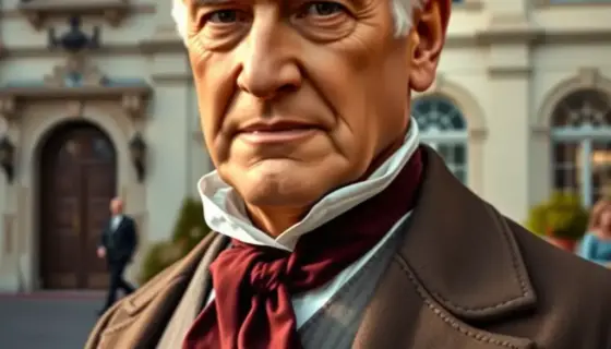 A solemn portrait of a historical Hungarian mayor from Szatmárcseke, dressed in traditional 19th-century formal attire with a dignified expression, standing in front of a classic European town hall building with cobblestone streets and autumn foliage, soft natural lighting, detailed facial features, realistic textures