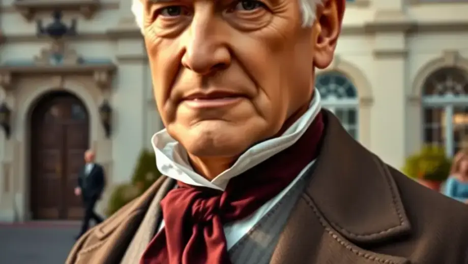 A solemn portrait of a historical Hungarian mayor from Szatmárcseke, dressed in traditional 19th-century formal attire with a dignified expression, standing in front of a classic European town hall building with cobblestone streets and autumn foliage, soft natural lighting, detailed facial features, realistic textures