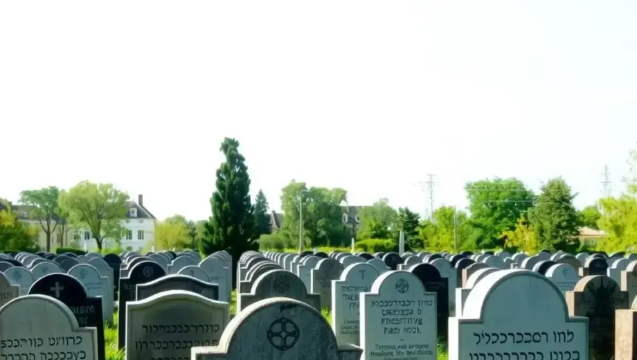 A solemn, respectful view of Bodrogkeresztúr, a small village in northeastern Hungary, showing one of its most important Jewish cemeteries. The image should depict rows of weathered, traditional Jewish tombstones (matzevot) with Hebrew inscriptions, surrounded by green grass and trees under a clear sky. The atmosphere should be peaceful and dignified, capturing the historical significance of the site without any modern intrusions or people.