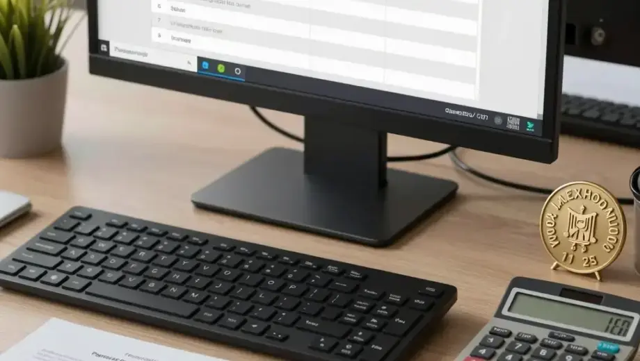 A professional office scene showing a Hungarian government tax authority (Pályázati kiírás adóellenőr) workstation, with a computer monitor displaying a tax declaration form, a desk with official documents, a calculator, and a Hungarian government seal, in a modern office environment with natural lighting, photorealistic detail