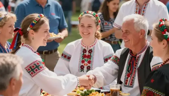 A festive outdoor scene celebrating Hungarian-Lengyel (Polish) Friendship Day, featuring a diverse group of people of various ages and backgrounds smiling and interacting warmly. Include traditional Hungarian folk elements like embroidered patterns and Polish folk art motifs, along with symbols of friendship such as intertwined hands or a shared table with food. The setting should be a sunny park or community square with colorful decorations, balloons, and banners displaying 'Magyar-Lengyel Bará