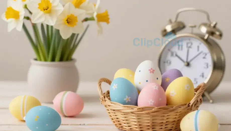 A cheerful Easter scene with colorful decorated eggs, spring flowers like tulips and daffodils, a basket filled with eggs, and a subtle clock or calendar showing Easter holiday dates, all in a warm, inviting spring setting