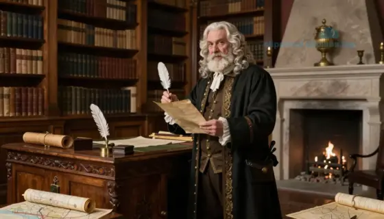 A majestic, ancient Hungarian nobleman in traditional 18th-century attire, standing in a grand, ornate library filled with towering bookshelves, a large oak desk, and a fireplace. He holds a quill and parchment, surrounded by scrolls and maps, symbolizing scholarly pursuit and historical legacy. The scene is rich in detail, with warm lighting and intricate woodwork, evoking a sense of timeless wisdom and aristocratic heritage.