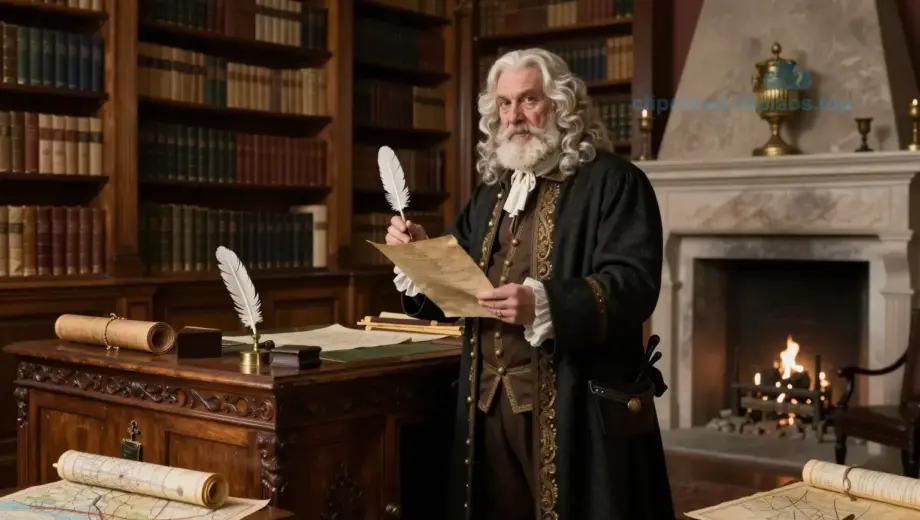 A majestic, ancient Hungarian nobleman in traditional 18th-century attire, standing in a grand, ornate library filled with towering bookshelves, a large oak desk, and a fireplace. He holds a quill and parchment, surrounded by scrolls and maps, symbolizing scholarly pursuit and historical legacy. The scene is rich in detail, with warm lighting and intricate woodwork, evoking a sense of timeless wisdom and aristocratic heritage.