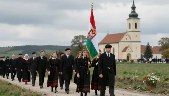 A solemn funeral procession in Hungary, with mourners in traditional attire carrying a flag bearing the Hungarian coat of arms. The scene is set in a rural landscape with a church in the background, under a cloudy sky. The mood is respectful and somber, with a focus on the cultural and historical significance of the event.
