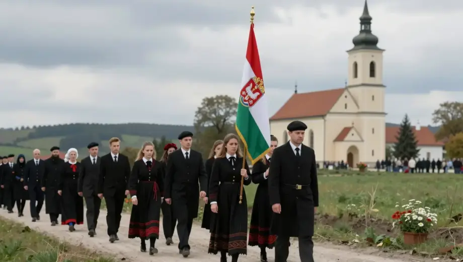 A solemn funeral procession in Hungary, with mourners in traditional attire carrying a flag bearing the Hungarian coat of arms. The scene is set in a rural landscape with a church in the background, under a cloudy sky. The mood is respectful and somber, with a focus on the cultural and historical significance of the event.