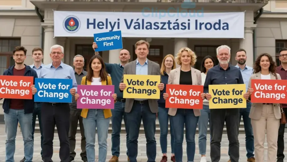 A local election party's announcement event, featuring a diverse group of people holding signs with slogans like 'Vote for Change' and 'Community First', standing in front of a city hall with a banner reading 'Helyi Választási Iroda', vibrant colors, hopeful atmosphere, daytime